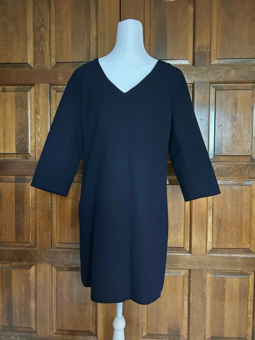 J. Crew Size 6 Navy Blue Wool Crepe V-Neck Shift Dress 3/4 Sleeve‎ Lined 97450